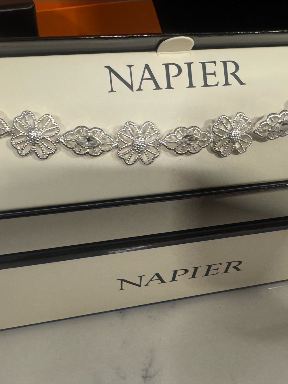 New ,Napier Silver-Tone Floral Link Bracelet with Beaded Motifs